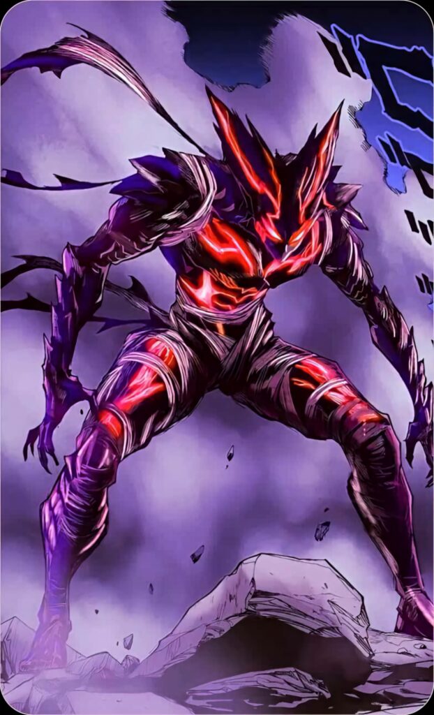 Cosmic Garou from One Punch Man in armor with glowing red purple energy on shattered background Wallpaper