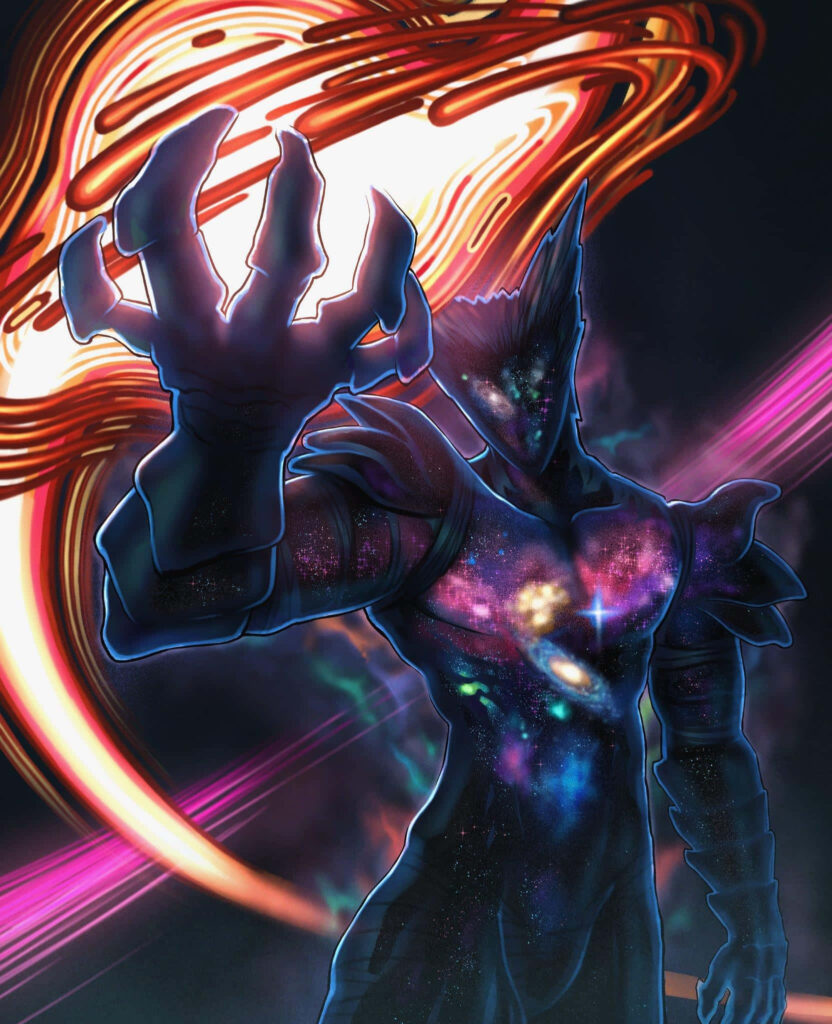 Garou anime character with cosmic galaxy body glowing orange energy in vibrant space wallpaper
