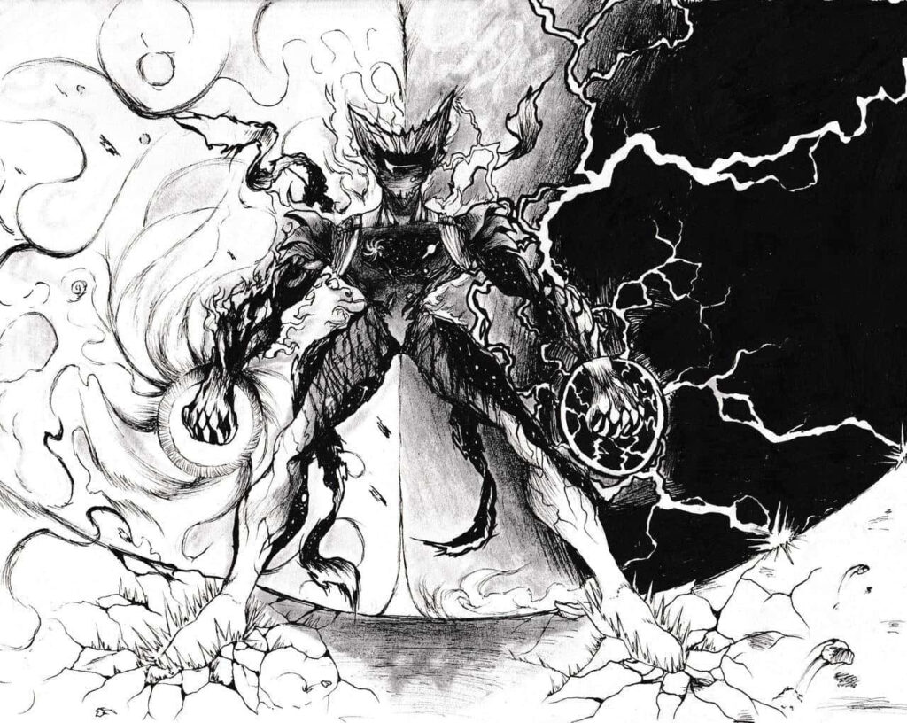 Garou cosmic form wallpaper intense energy black and white manga art cosmic flames lightning