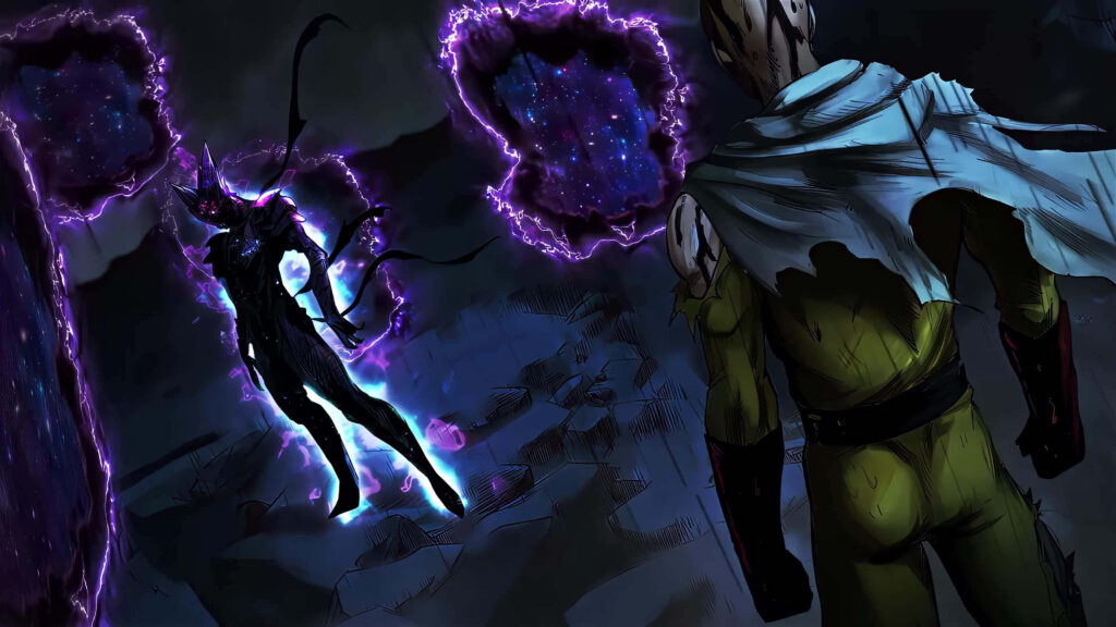 Cosmic Garou unleashing purple energy in epic anime battle against powerful dark adversary wallpaper