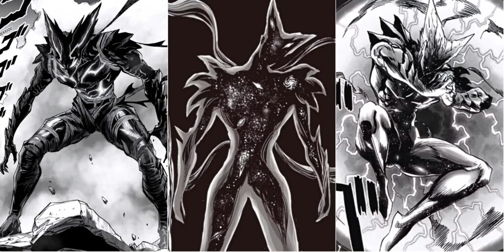 Cosmic Garou transformation stages black and white manga style wallpaper with evolving cosmic power