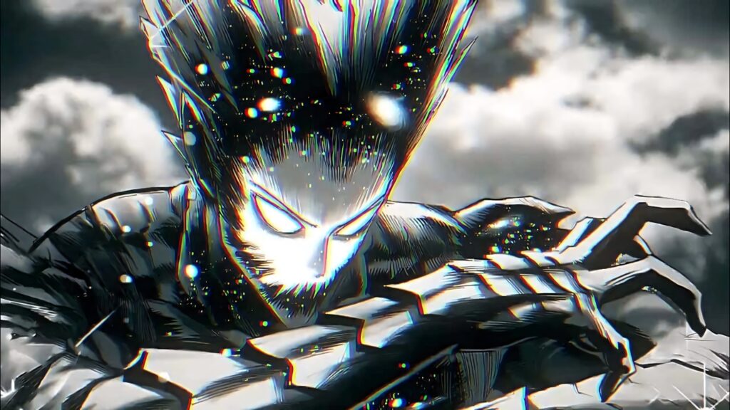 Cosmic Garou anime transformation wallpaper with swirling energy and glowing cosmic background