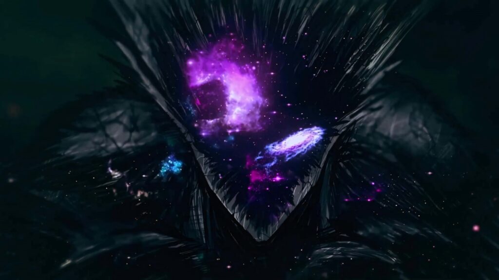 Cosmic Garou wallpaper dark fierce figure glowing with swirling galaxies vibrant purple nebulae background