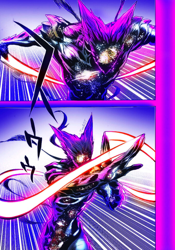 Cosmic Garou in dynamic pose with vibrant purple and blue cosmic energy in comic art style wallpaper