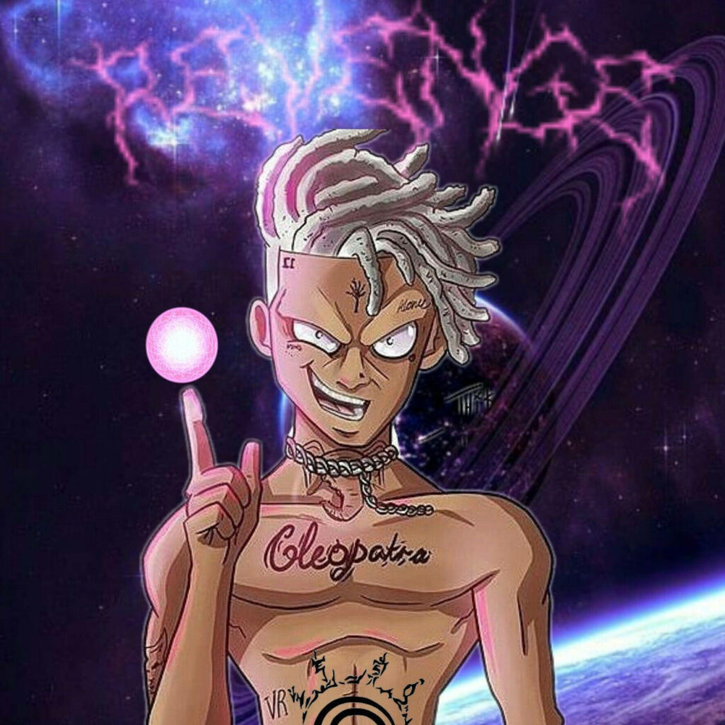 Galactic Inked Legend: Xxxtentacion's Topless Cartoon Avatar in a Celestial Purple Sky Wallpaper