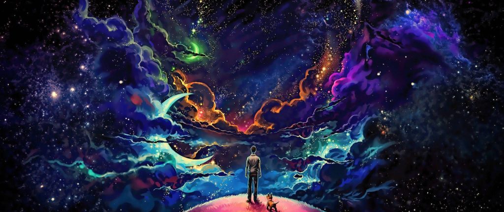 Lone man with small dog on planetoid gazing at colorful swirling galaxy and bright stars Wallpaper