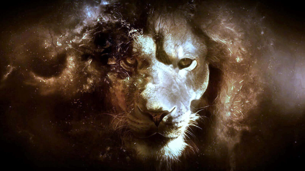 Majestic Lion Wallpaper: Cosmic Art with Mystical Background