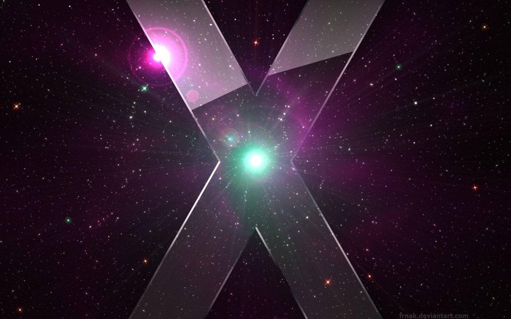 Metallic letter X with pink cyan lens flares on vibrant starfield cosmic space background wallpaper