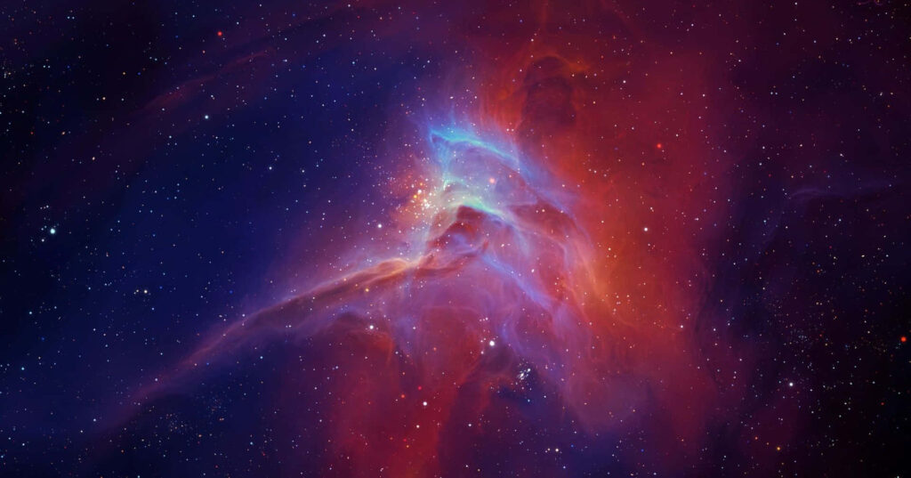 Vibrant cosmic nebula with blue, red, purple hues in a starry space backdrop wallpaper.