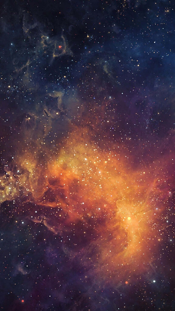 Vibrant cosmic nebula wallpaper: orange, blue, and purple hues symbolize Android space exploration.