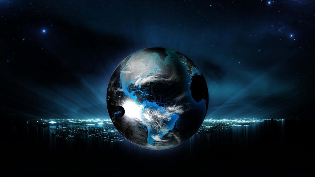 Cosmic wallpaper of glowing Earth in luminous nightscape with a star-filled universe.
