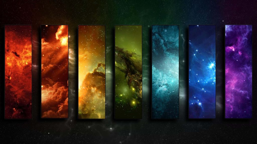 Vibrant HD cosmic rainbow panels with red nebulae and violet galaxies digital space art wallpaper