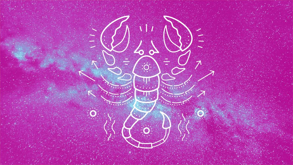 Scorpio zodiac wallpaper with white line art scorpion on vibrant cosmic pink and purple nebula background