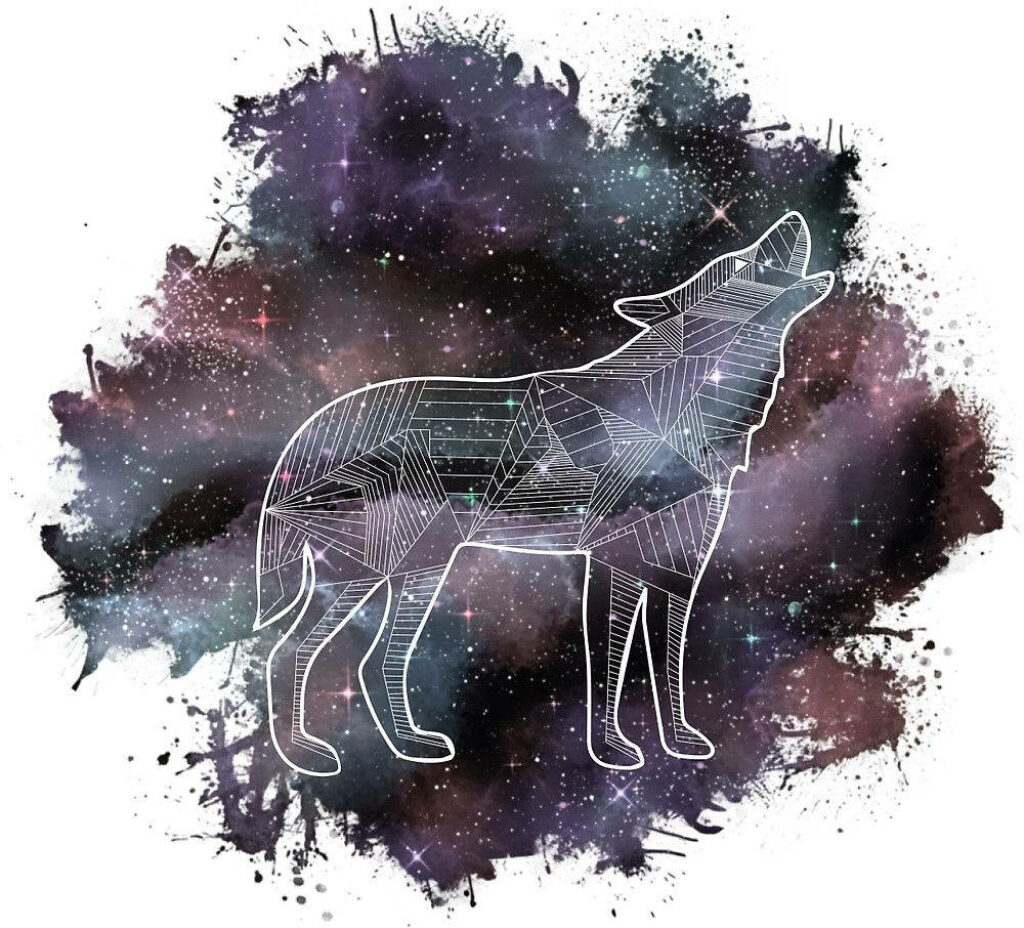 The Enigmatic Essence: Mesmerizing Galaxy Splatter with Majestic Prism Wolf - Exquisite Cosmic Canine Wallpaper