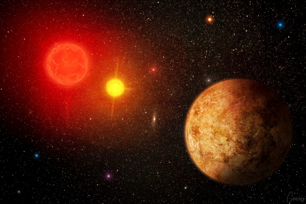 Cosmic Wonder Wallpaper: Red Star, Yellow Sun & Twinkling Galaxies