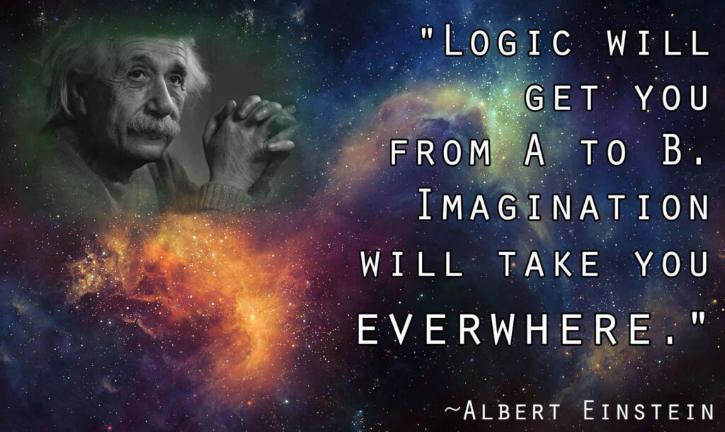 Cosmic wallpaper with stars nebula Albert Einstein portrait and inspiring imagination quote background