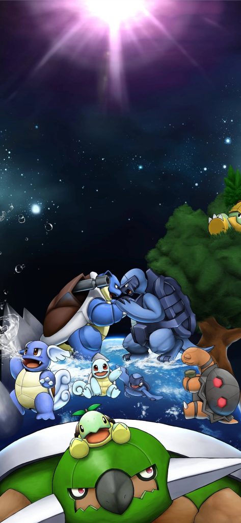 Vibrant cosmic wallpaper with Torterra Blastoise Torkoal Squirtle Turtwig on starry Earth background
