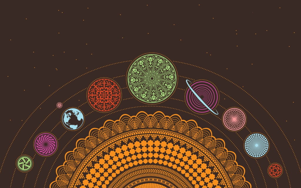 Cosmic Kaleidoscope: A Vibrant Galaxy of Divination and Planetary Splendor Wallpaper