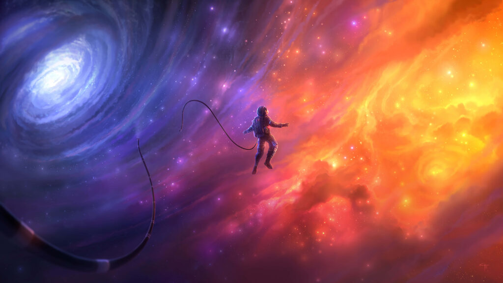 Stunning astronaut wallpaper in vibrant cosmic scene with swirling galaxies and nebulae.