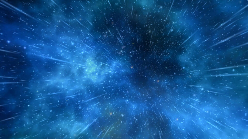 Vivid warp-speed journey through a blue galaxy with streaks of light and stars as wallpaper.