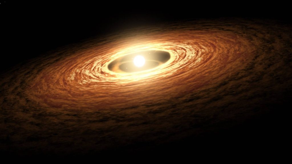Bright white star with orange textured protoplanetary disk in deep space cosmic wallpaper background