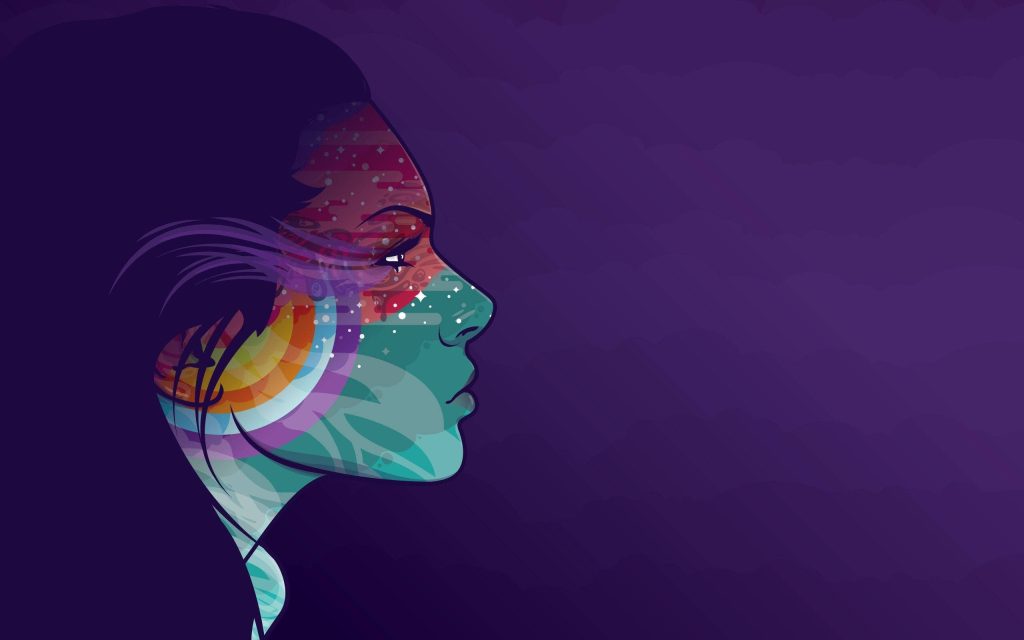 Abstract digital art of young woman’s profile with cosmic stars rainbow on violet background wallpaper