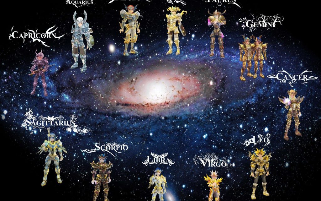 Vibrant Ragnarok Online Zodiac wallpaper with 12 armor-clad astrological characters in galaxy background