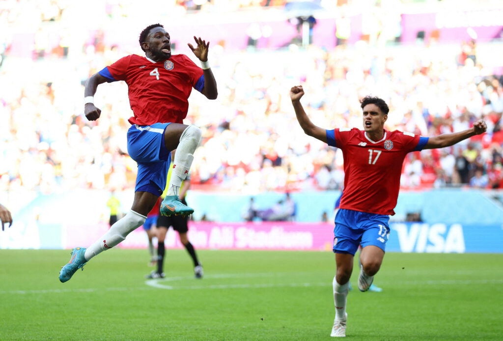 Costa Rica Keysher Fuller celebrating first goal with Yeltsin Tejeda in vibrant stadium match Wallpaper