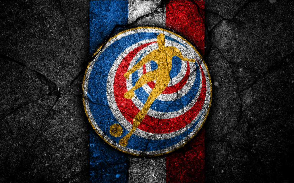 Costa Rica football team emblem with golden player on cracked concrete red white blue background Wallpaper