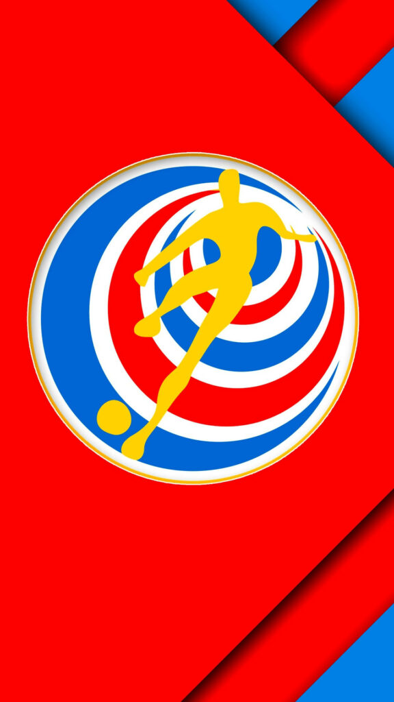 Costa Rica National Football Team emblem with yellow player silhouette on red white blue rings background Wallpaper