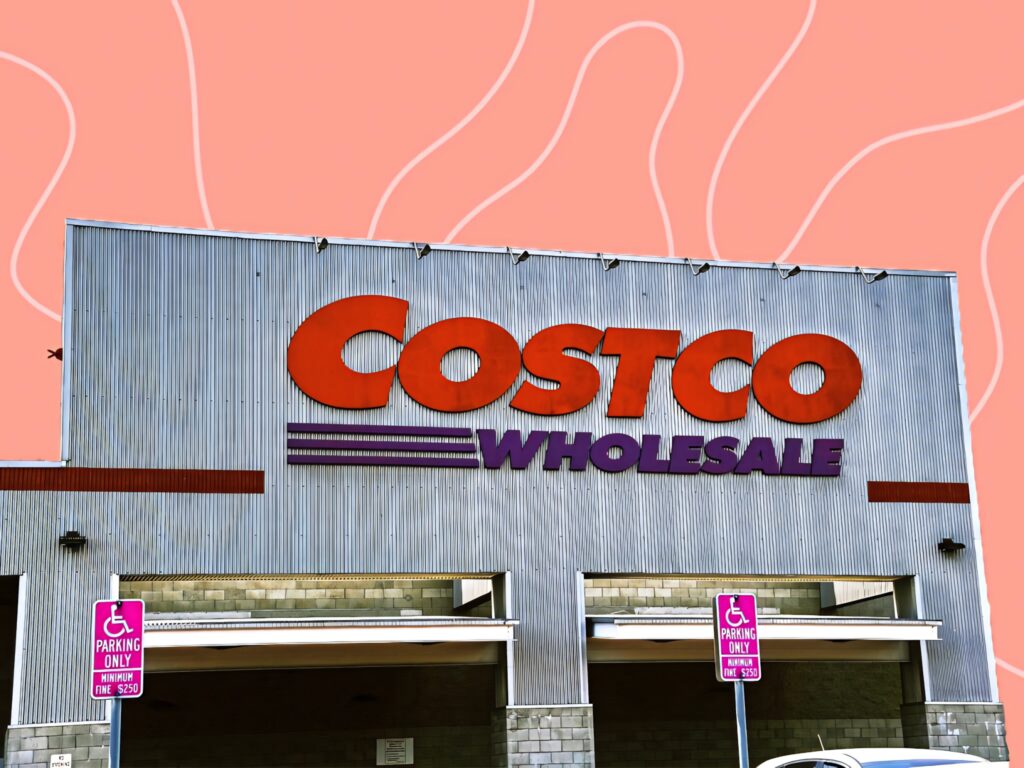 Costco Wholesale storefront with vibrant orange abstract wavy lines modern wallpaper background