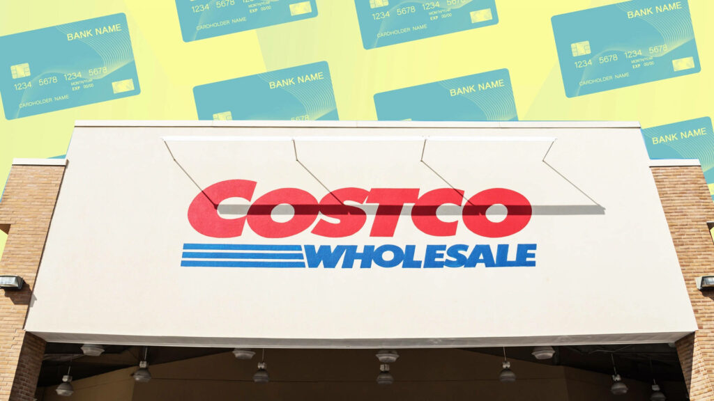 Costco Wholesale storefront with illustrated credit cards showcasing convenient payment options Wallpaper