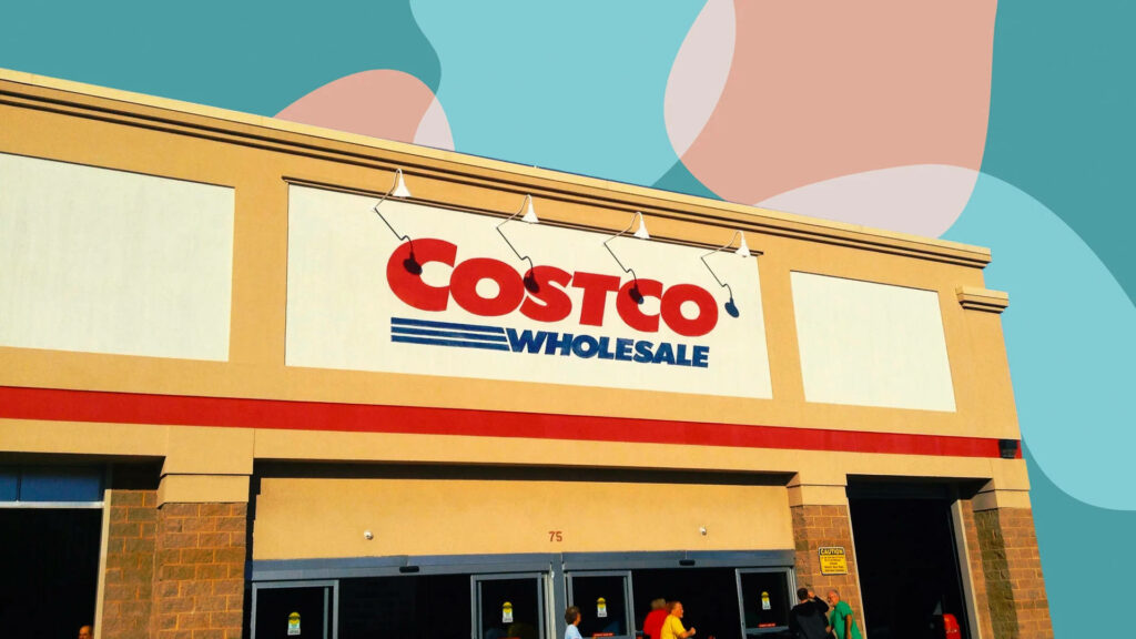 Costco Wholesale storefront with vibrant pastel abstract background modern retail wallpaper