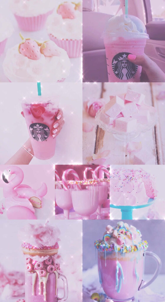 Sweet Temptations: A Delectable Collage Featuring a Cotton Candy Beverage and Assorted Pink Delights Wallpaper