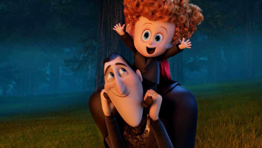 Count Dracula piggyback ride with grandson Dennis in dark forest 3D Hotel Transylvania wallpaper