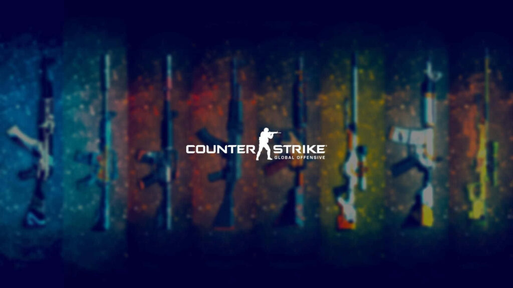 Gaming Arsenal: Imposing CS:GO Logo Amidst a Hypnotic Gun Display Wallpaper