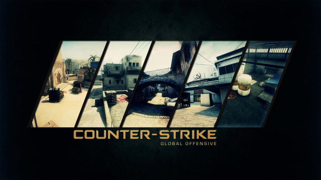 CSGO World: Experience the Ultimate HD Poster Showcasing Iconic In-Game Locations on a Sleek Black Background Wallpaper
