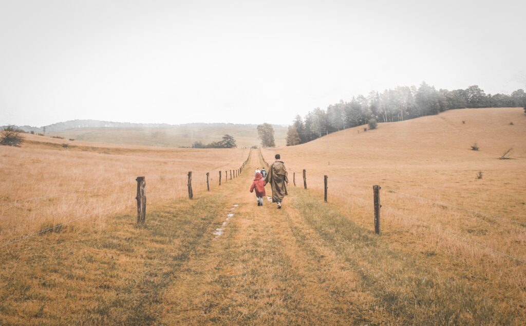 Two people walking hand in hand on a path through golden fields under a cloudy sky wallpaper