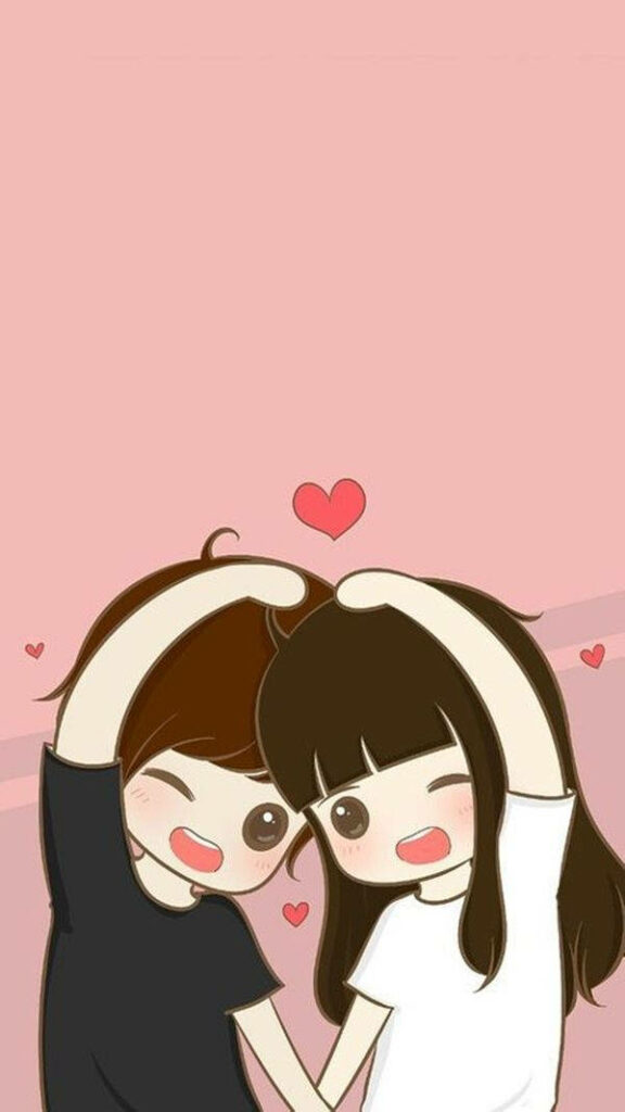 Hearts on Pink: Adorable Cartoon Couple Poses in Matching Shirts Wallpaper