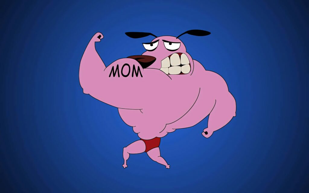 Courage The Cowardly Dog muscular with MOM tattoo on blue gradient cartoon wallpaper background