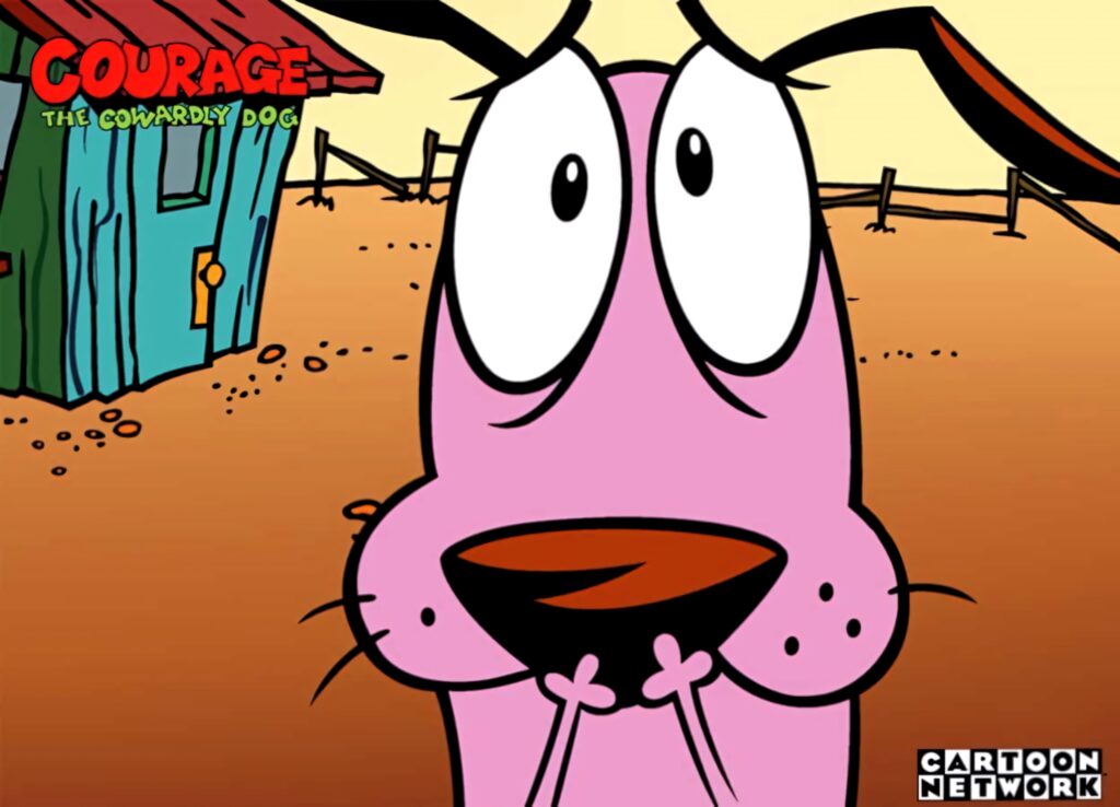 Courage the Cowardly Dog nervous expression in desert cartoon wallpaper with vivid colors