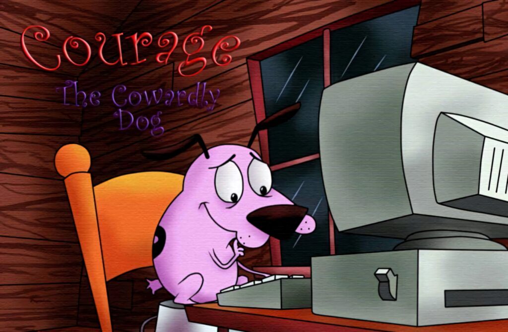 Courage the Cowardly Dog using vintage computer in cozy wooden house with rustic wallpaper