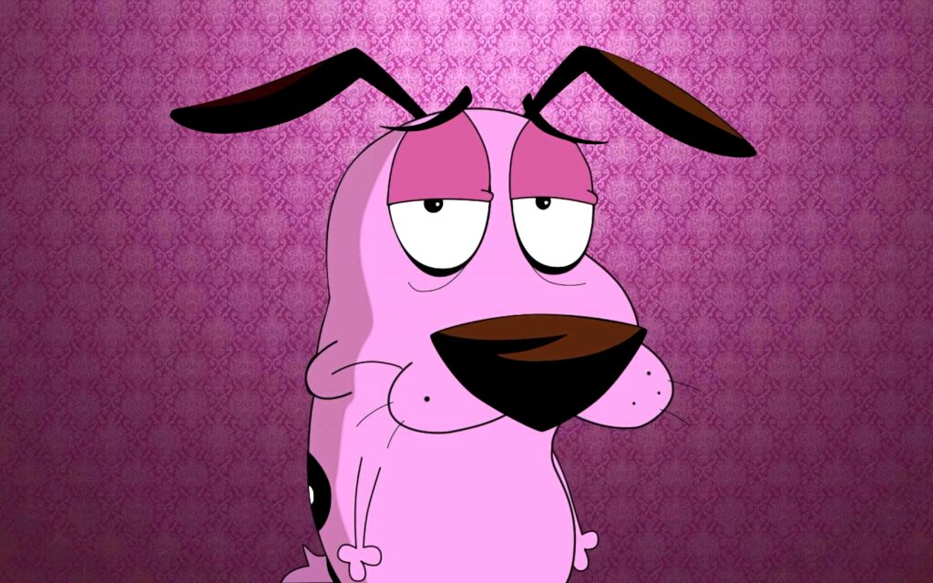 Courage the Cowardly Dog with anxious expression on decorative purple patterned wallpaper background
