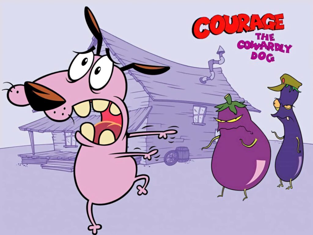 Courage the Cowardly Dog scared by mischievous eggplant characters at purple farmhouse cartoon wallpaper
