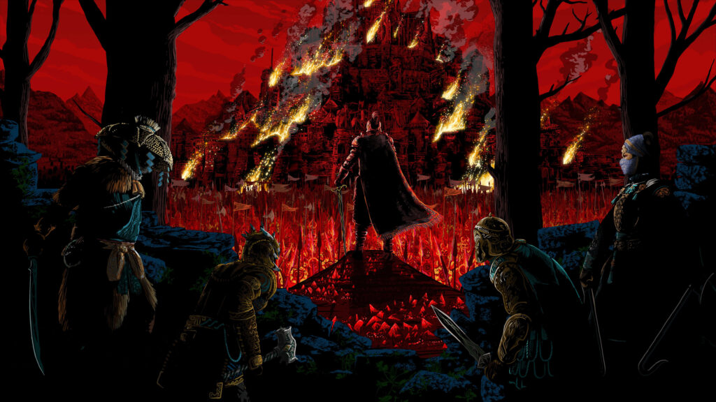 Intense For Honor Wallpaper: Diverse Warriors Gathered in Dark Forest Before Fiery Battlefield