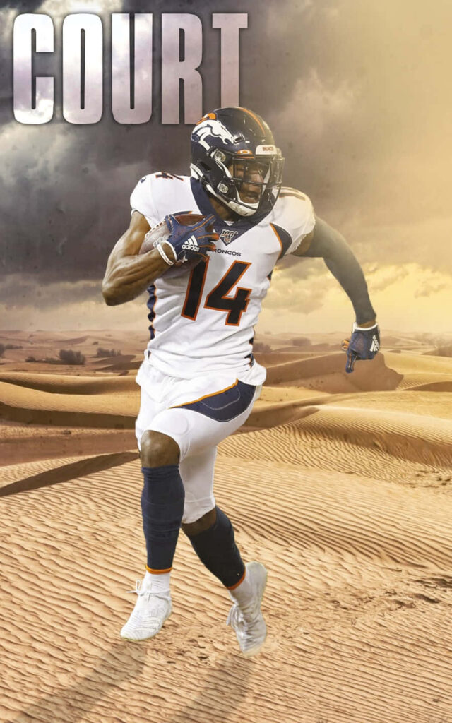 Courtland Sutton sprinting in Denver Broncos uniform across dramatic desert with bold clouds wallpaper