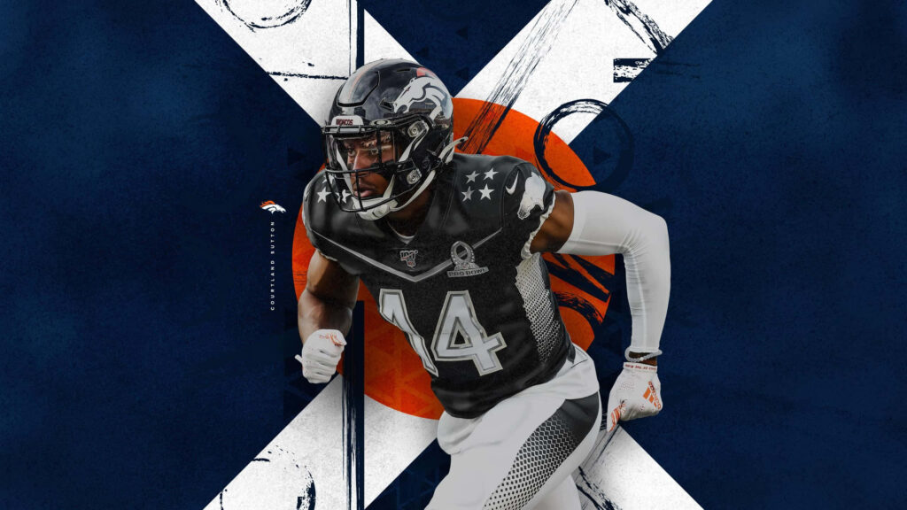 Courtland Sutton Denver Broncos action pose dynamic football wallpaper with abstract navy orange background