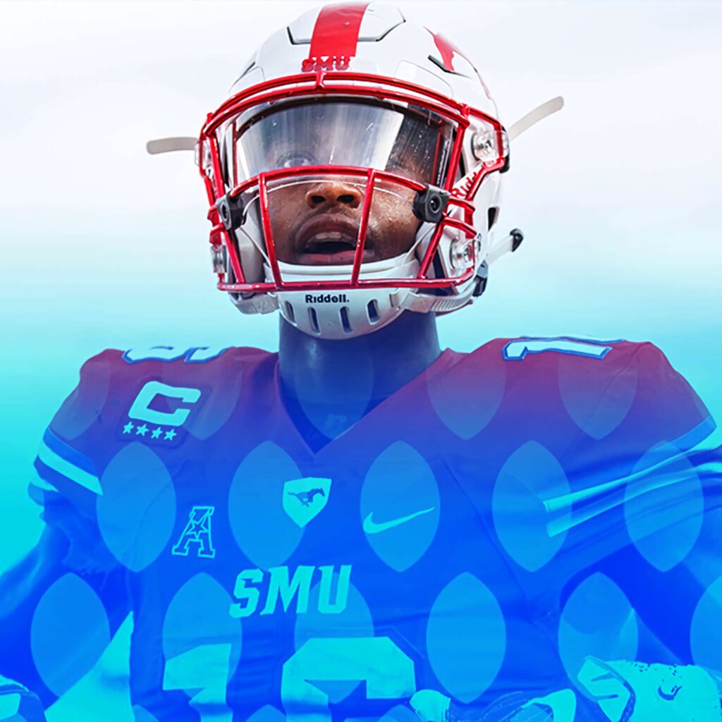 Courtland Sutton in SMU football uniform portrait with vivid blue red background dynamic wallpaper