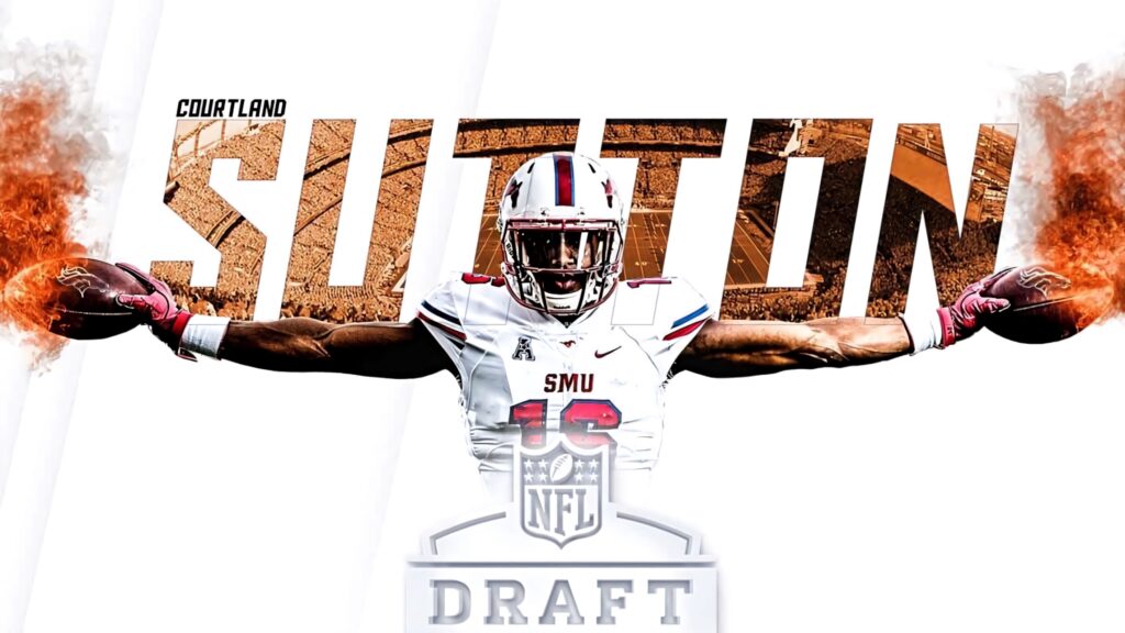 Courtland Sutton in SMU uniform with arms outstretched bold NFL Draft text wallpaper background