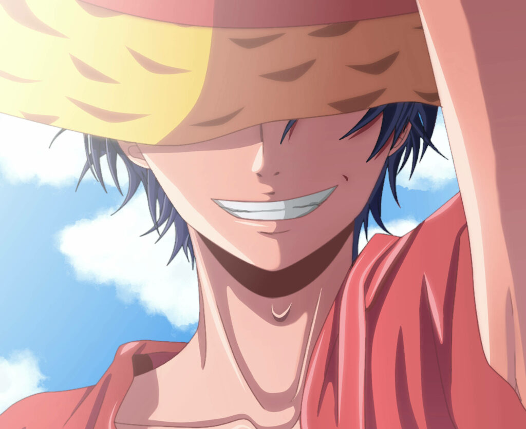 Straw Hat Hideout: Luffy Flashing a Mysterious Grin in Captivating Wallpaper